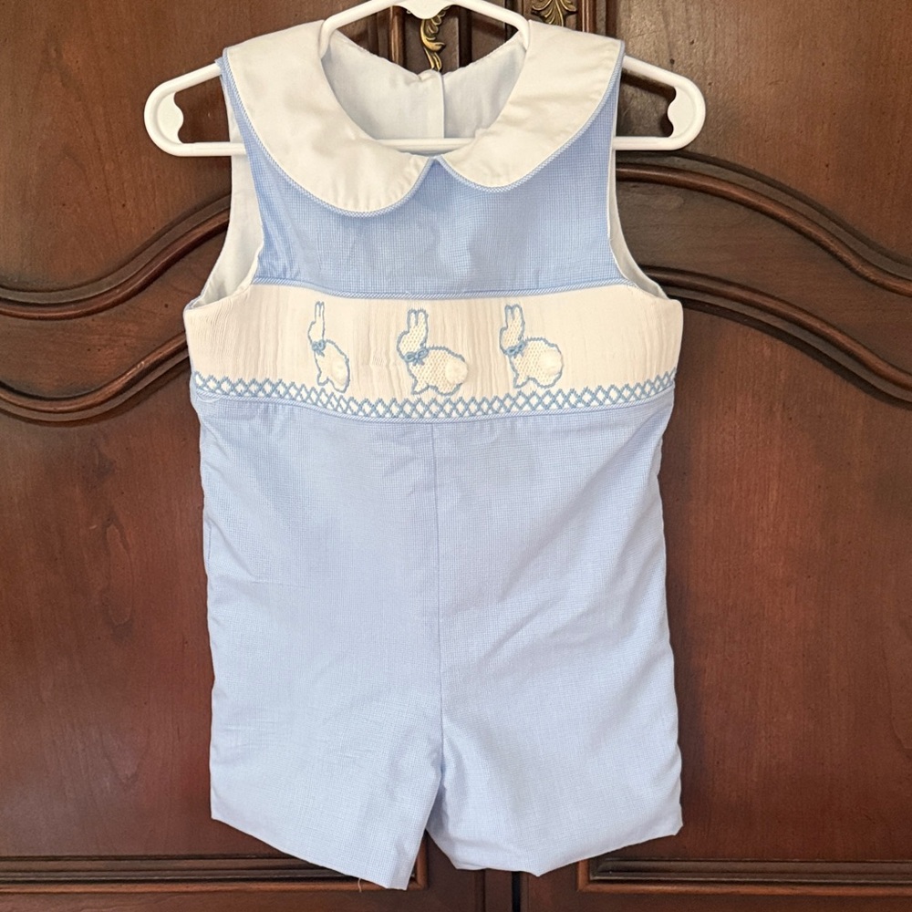 Stitchy Fish Smocked Bunny Romper 12M Blue Gingham Easter Peter Pan Collar